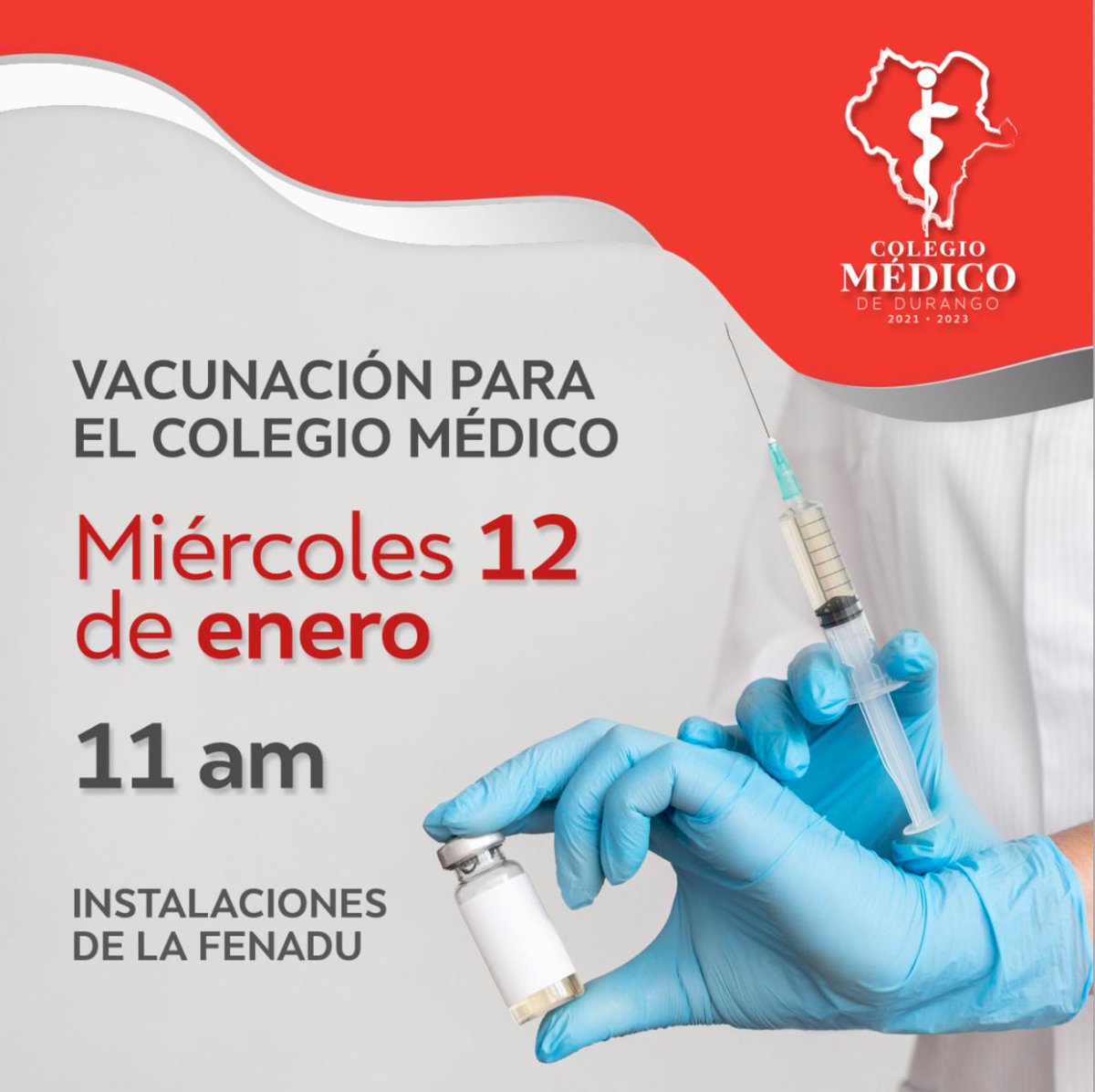 El próximo miércoles, en las instalaciones de la Feria Nacional Durango, se realizará el proceso de vacunación covid-19 (dosis de refuerzo) para integrantes del Colegio Médico de Durango, en el horario especificado.
¡Los esperamos!