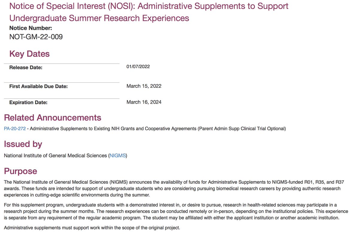 Thank you @NIGMS for this: Administrative Supplements to Support Undergraduate Summer Research Experiences' This is such a great way to both advance our science and provide training. grants.nih.gov/grants/guide/n…