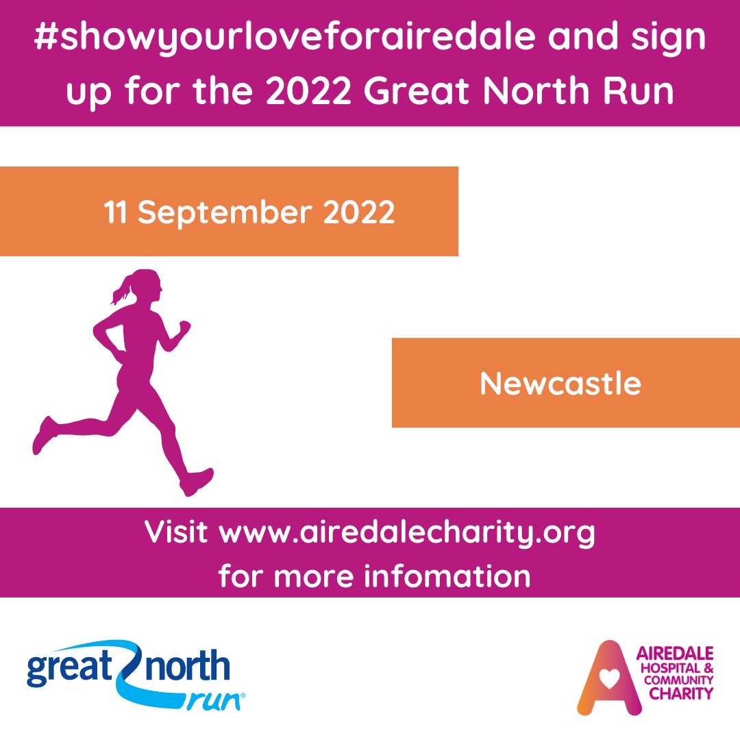 🏁On your marks 🏁

Have you taken up running in the New Year? Why not challenge yourself to run the Great North Run?

We're delighted to have a small number of places for the #GreatNorthRun, taking place on Sunday 11 September 2022 🎽

<a href="/AiredaleNHSFT/">Airedale Hospital</a>
airedalecharity.org/support-our-fu…
