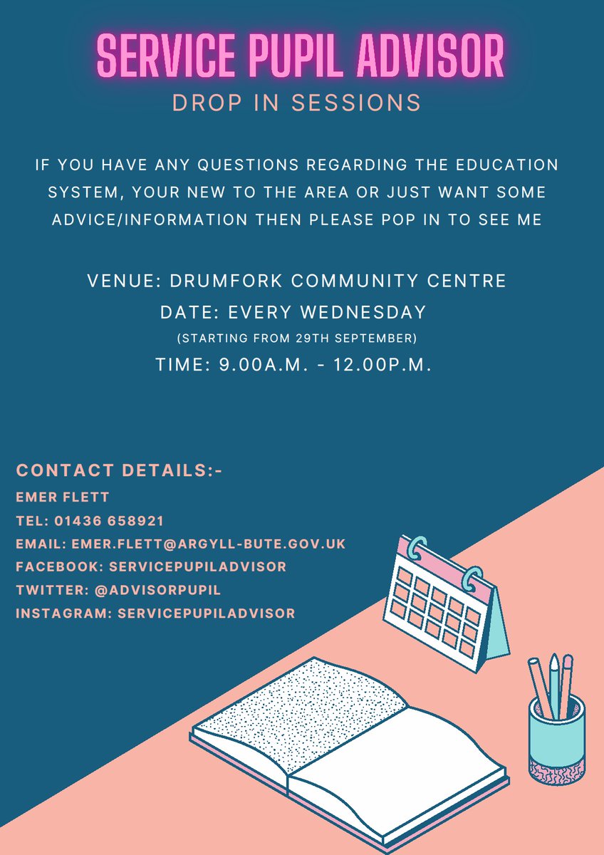 Any new families who recently moved to the Helensburgh &amp; Lomond area and want to have a chat about schools, education, exams etc, I will be in the Drumfork Community Centre on Wed 12th Jan from 9a.m. - 12.  Please contact me to make an appointment