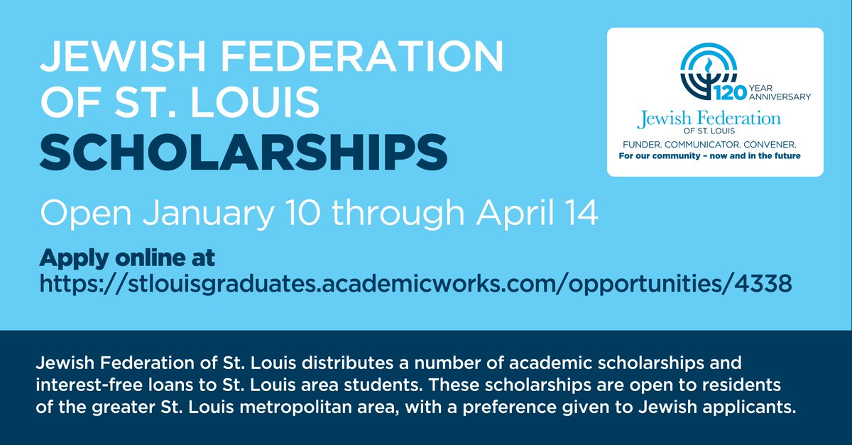 Jewish Federation of St. Louis (@jewishfedstl) on Twitter photo Calling all students! Looking for financial help? We have academic scholarships & interest-free loans for #STL area students - open to residents of the greater STL metropolitan area w/ preference given to Jewish applicants. Open thru April 14:
stlouisgraduates.academicworks.com/opportunities/… #JFedSTL Calling all students! Looking for financial help? We have academic scholarships & interest-free loans for #STL area students - open to residents of the greater STL metropolitan area w/ preference given to Jewish applicants. Open thru April 14:
stlouisgraduates.academicworks.com/opportunities/… #JFedSTL