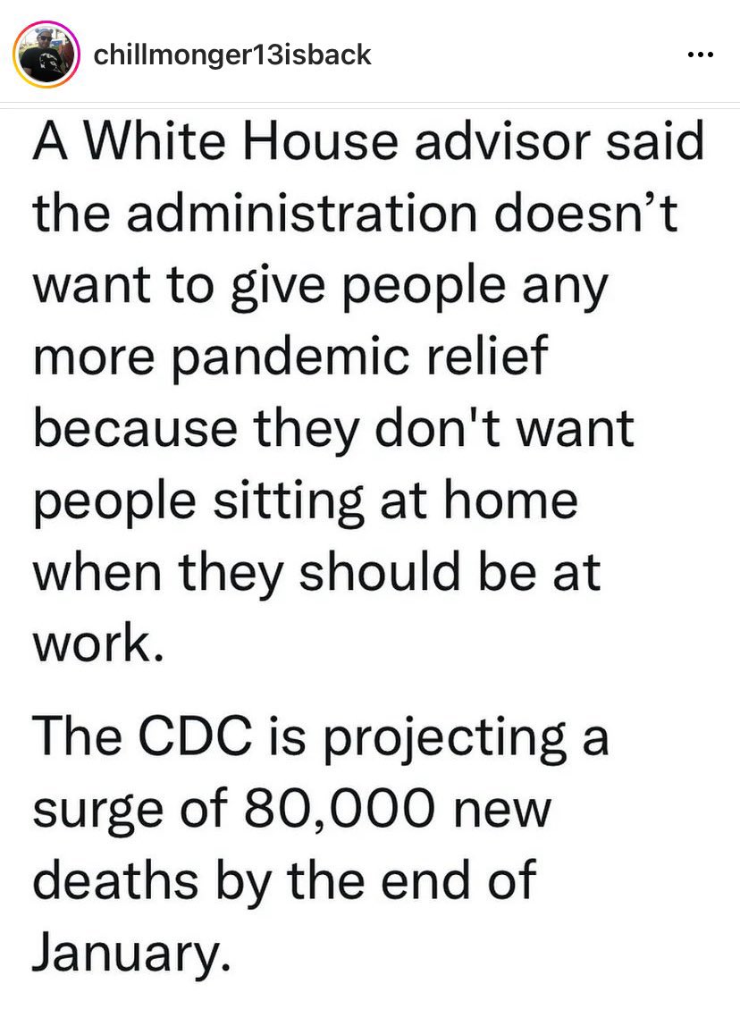 WTF...Soooo more covid relief & less deaths under the Trumpster fire? That’s insane, you know that right? Boardering on a sociopathic need for corporate profits.What did we learn? Mass incarceration drone strike monsanto Joe is not going to save you. Mark it off the list I guess. https://t.co/FrPfISFt2V