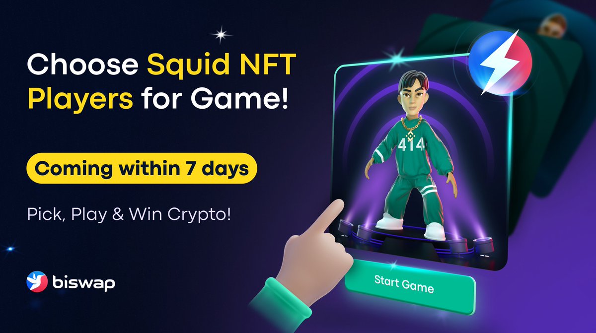 Biswap_Dex's tweet photo. ☄️Squid NFT World Update Within 7D!☄️
       Choose NFT Players for Games!

@Biswap_Dex team keeps upgrading https://t.co/6V882uEwma!

📆Within 7 days, you will be able to:

🤩Choose a specific Player to send to Games.
Get your #NFT Players ready to be chosen!💪

#BSC $BSW https://t.co/nzXdGl6wC4