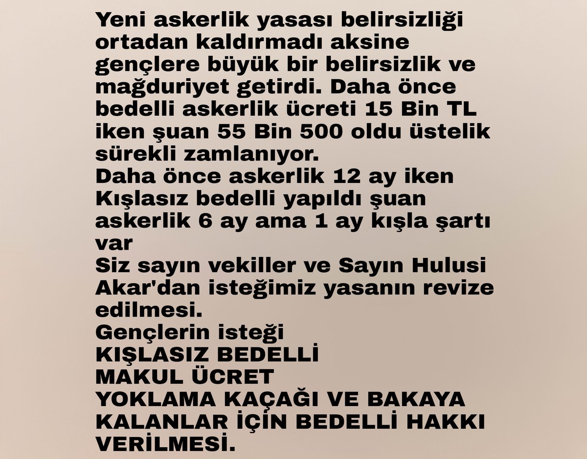 GENÇLERİN mağduriyeti ancak KIŞLASIZ BEDELLİ ve MAKUL ÜCRET ile son bulacaktır. 
<a href="/tcsavunma/">T.C. Millî Savunma Bakanlığı</a> <a href="/OlcayKilavuz/">Olcay Kılavuz 🇹🇷</a> @yilmaz_ismet58 <a href="/kayaismail80/">İSMAiL KAYA 🇹🇷</a> <a href="/refik_ozen16/">refik ozen</a> <a href="/FeyziBerdibek1/">Feyzi Berdibek🇹🇷</a> <a href="/vekilyilmazkaya/">Opr. Dr. Bayram Yılmazkaya</a> <a href="/yucelmenekse50/">Yücel Menekşe</a> <a href="/seferaycan/">Prof. Dr. Sefer Aycan</a> <a href="/SuayAlpay/">Şuay Alpay🇹🇷</a> 
BaşkanAydın Bedelliaffı