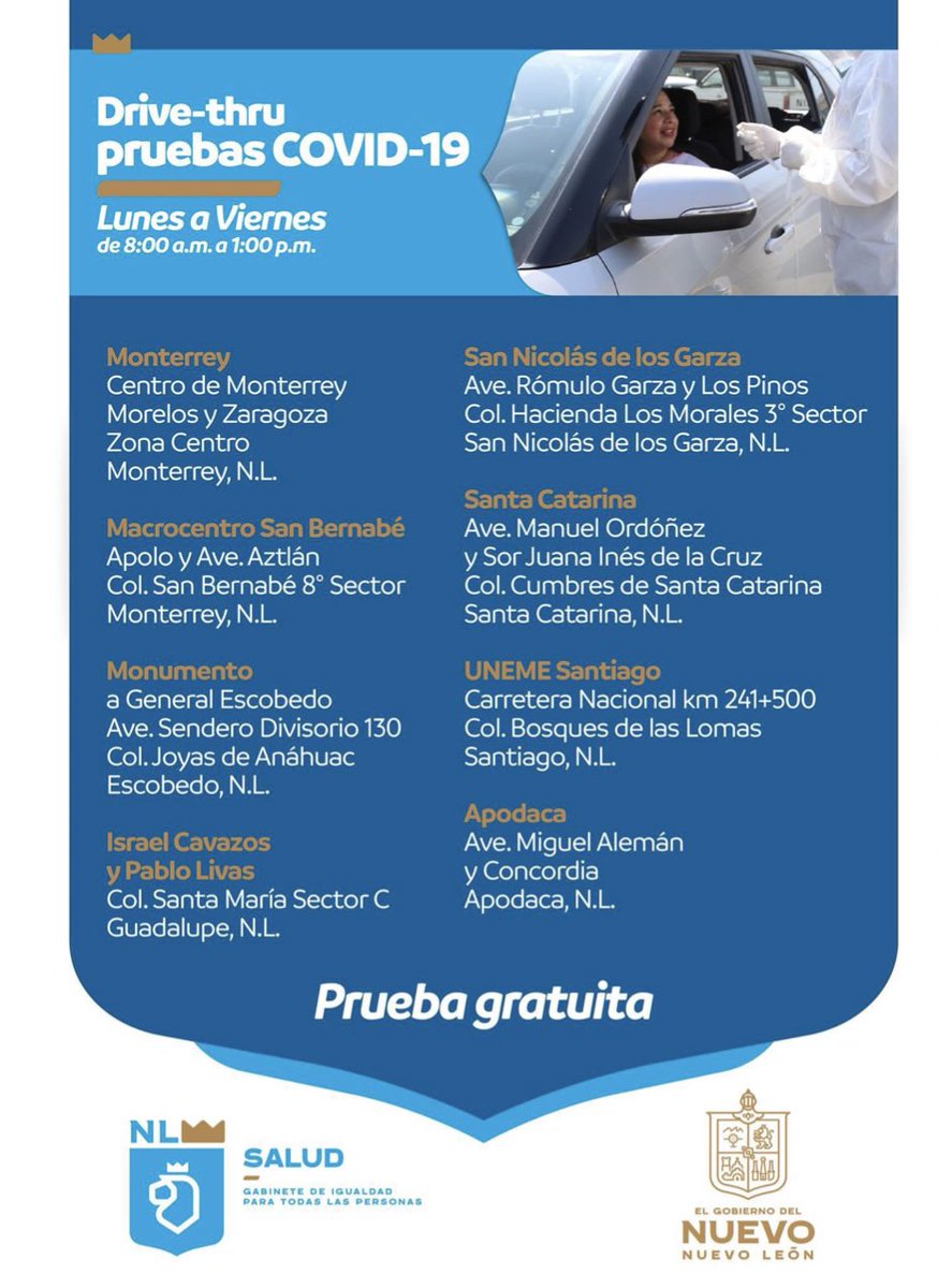 CarlosSanchezMX's tweet photo. Dice el gobernador @samuel_garcias en su Instagram que ya “bajaron” los contagios y que todo está bajo control… 

¿Si sabrá que el horario de los Drive Thru para pruebas #COVID19 es de Lunes a Viernes? 😅😂 https://t.co/TsvqF9euja