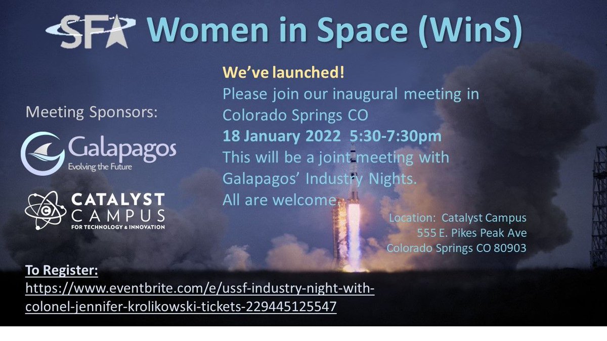 SpaceForceAssoc's tweet photo. Join #WomenInSpace for their first event! A joint meeting with Galapagos' Industry Nights at @Catalyst_Campus - learn more about this event and consider joining them: https://t.co/DgilI16N8l #SpaceForceAssociation #Space #SFAEvents #WinSEvents https://t.co/5Z6wfxMbpx