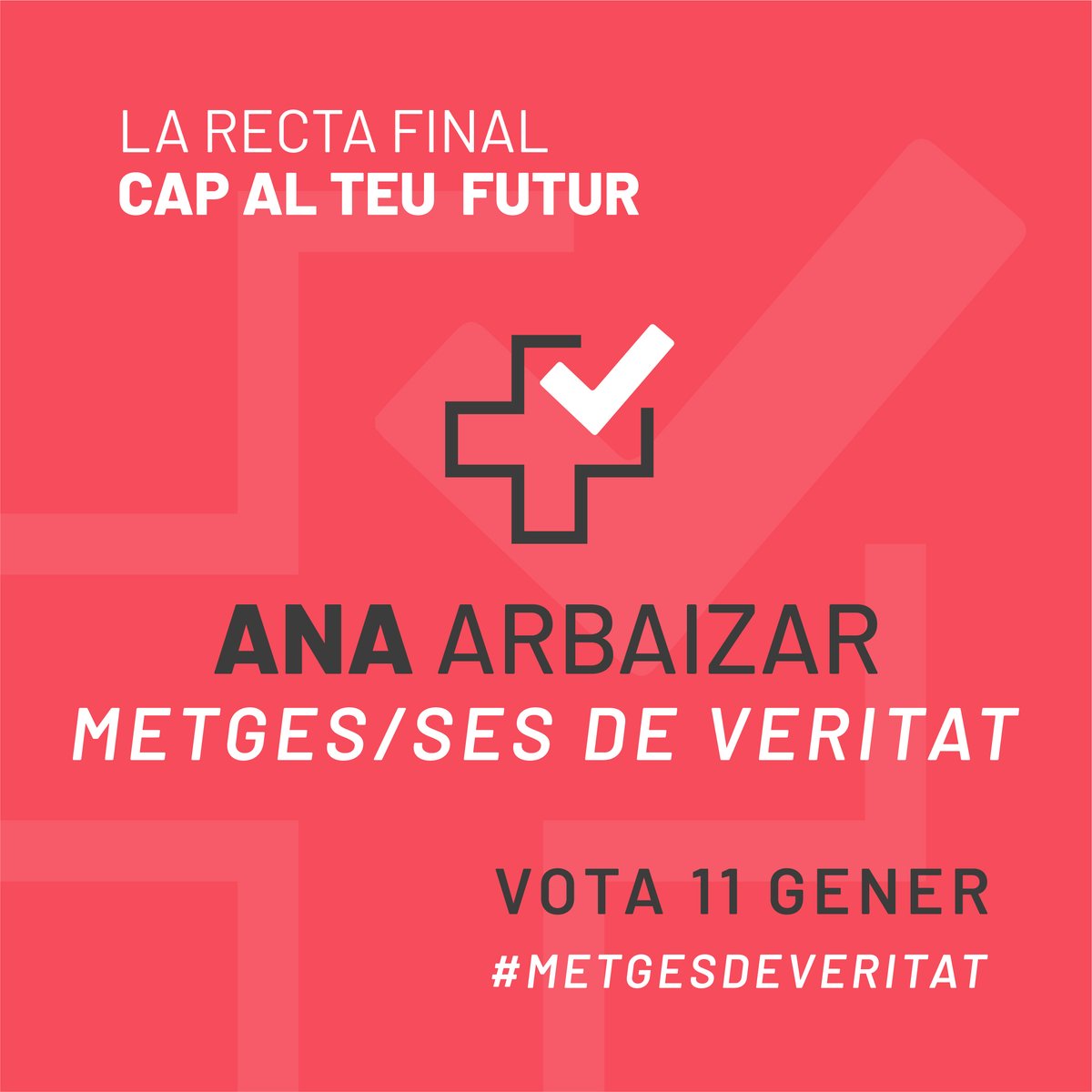 La recta final hacia el futuro del Colegio de Médicos de Valencia. 

Mañana vota por el cambio. Vota Ana Arbáizar. 

#Medic@sdeVerdad #Medic@sdeValencia #DefendemosNuestraProfesion #EleccionesICOMV2022 #anaarbaizar