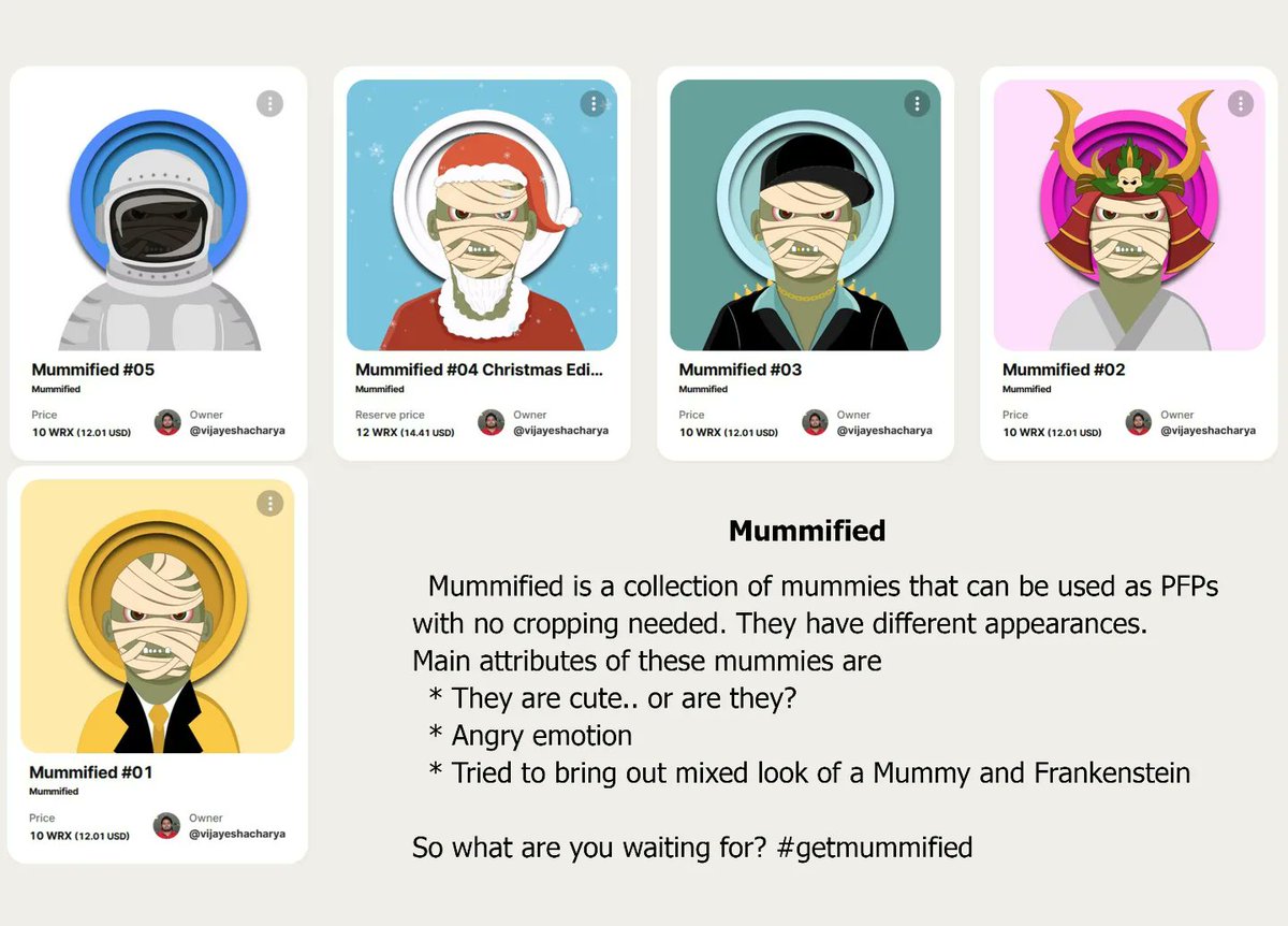 VijayeshLegend's tweet photo. Hey NFT Fam..The Mummified series is still up for grabs on @WazirXNFT..Its ready to go PFP size so grab'em , make it your PFP and get mummified🧟‍♂️🧟‍♂️
https://t.co/AGwq3HpYdI

#NFTCollection #NFTCommumity #NFTartist #nftcollectors #nftudgam #WazirXNFT #getmummified https://t.co/Ij5eer9pHE