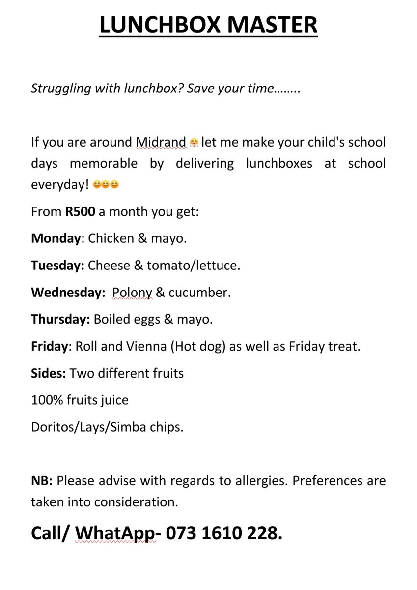 #Mseleku, #Uthandonesthembu #RHODurban #uMjoloWithAzola #makhumalo #PodcastAndChill #Ayanda 
Need lunchbox around Midrand for your kids? Save time. Contact 073 161 0228.