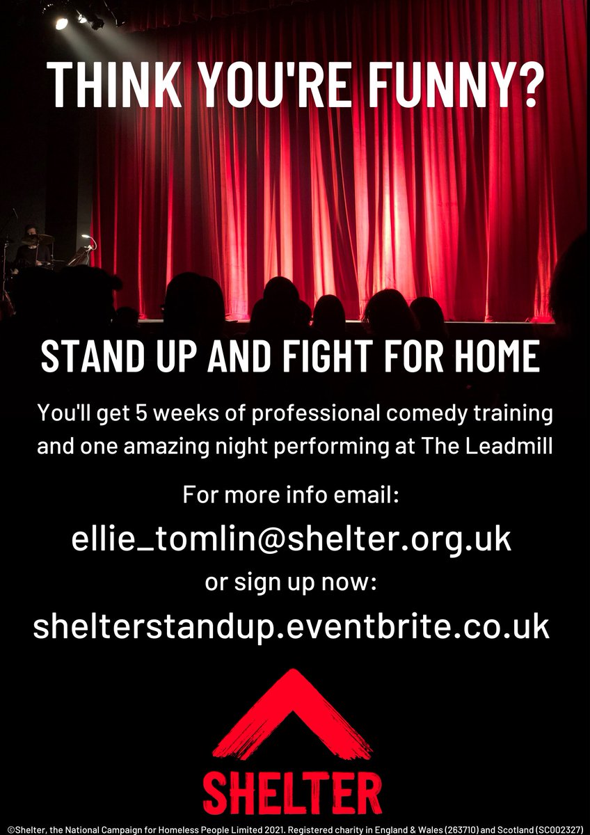 ShelterSHF's tweet photo. Fancy taking on a different challenge this January? Want to learn a new skill? Love comedy? Hate Homelessness? 

If you answered YES to any of the above ☝️ then you need to sign up to our amazing new comedy event 🎭

https://t.co/uwjYIOl839 https://t.co/N9qa3BBtBB