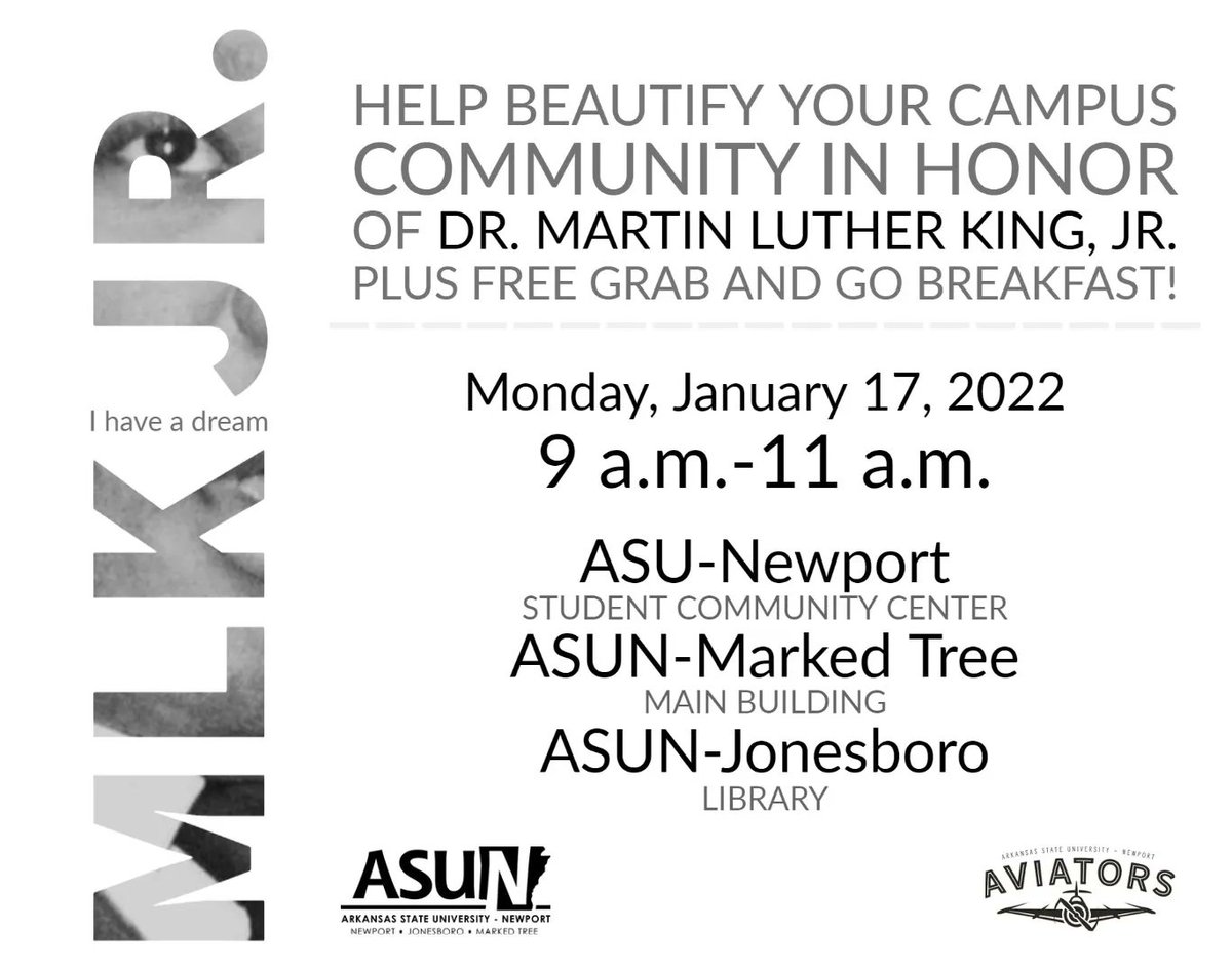 Join us in celebrating &amp; honoring the life of Martin Luther King, Jr. 
#ASUNewport's Diversity, Equity &amp; Inclusion Committee will provide a grab-&amp;-go breakfast on each campus for those that join us in beautifying our campuses!
We look forward to seeing you on January 17! #MLKDay
