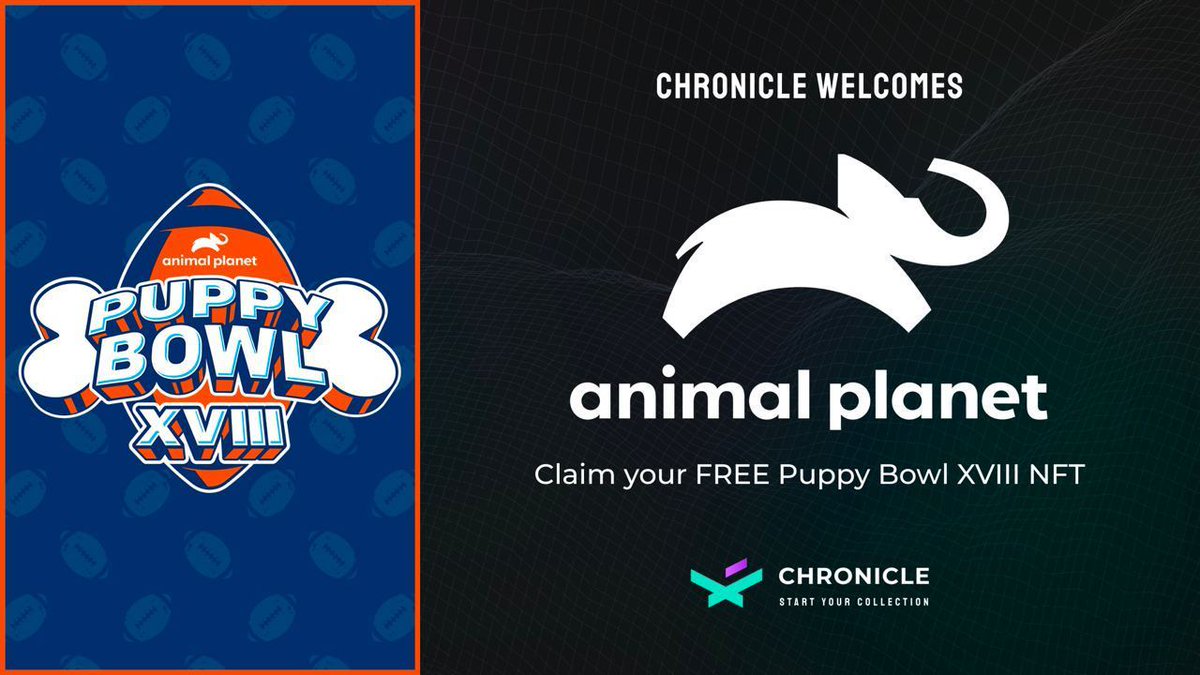 ChronicleXNL's tweet image. SUPER PUPDATE🐶Grab a #FreeNFT to prep for world's most pawsitively loveable #NFT series!🏆

Exclusive partnership w/ #PuppyBowl XVIII on @animalplanet raises funds for charity animal rescue @OrangeTwinsSave

🎁app.chronicle.io/store/item/45
Pass owners also get 1st access to 🐕🏈 #NFTs