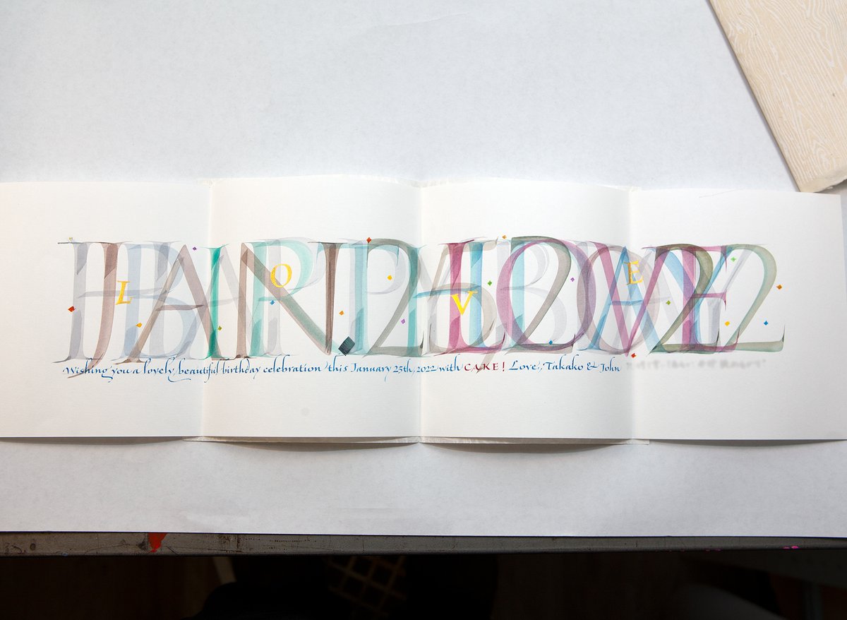 calligperson's tweet photo. Again, my in-laws have to endure my hand-made cards. Since we cannot visit them, this will have to do.
I'm teaching brush Roman at the moment, so the layered approach will seem apropos.
#calligraphy #moderncalligraphy #handwriting #handlettered #handlettering #modernlettering https://t.co/iw0LM1oPvC