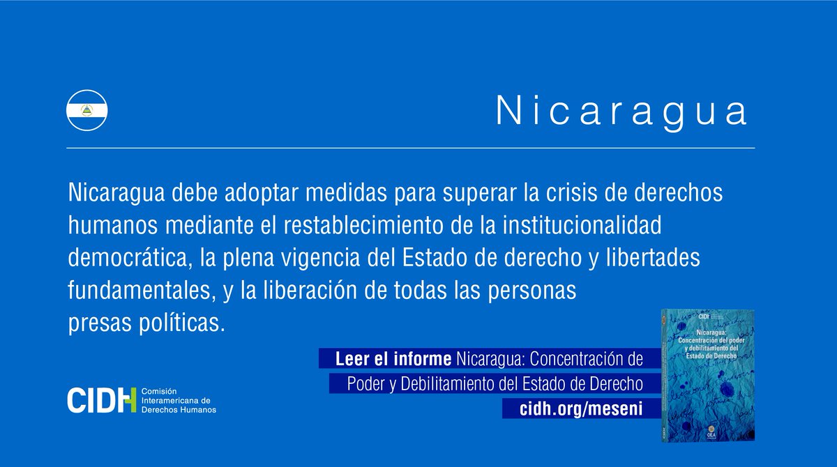 #Nicaragua🇳🇮 #CIDH observa con preocupación que el acto de posesión del Ejecutivo, por cuarto mandato consecutivo, ocurre en un contexto de represión, corrupción, fraude electoral, impunidad estructural y más de 160 personas opositoras que permanecen detenidas arbitrariamente.
