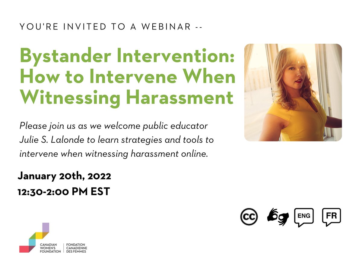 Upcoming webinar: Bystander Intervention: How to Intervene When Witnessing Harassment with @JulieSLalonde 
REGISTRATION LINK: bit.ly/3raQw7U