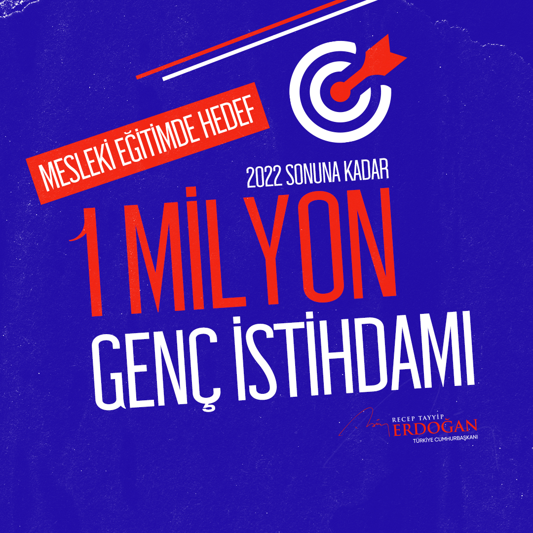 2022 sonuna kadar 1 milyon gencimizi mesleki eğitim merkezlerimize dâhil ederek istihdamlarını sağlamayı hedefliyoruz.