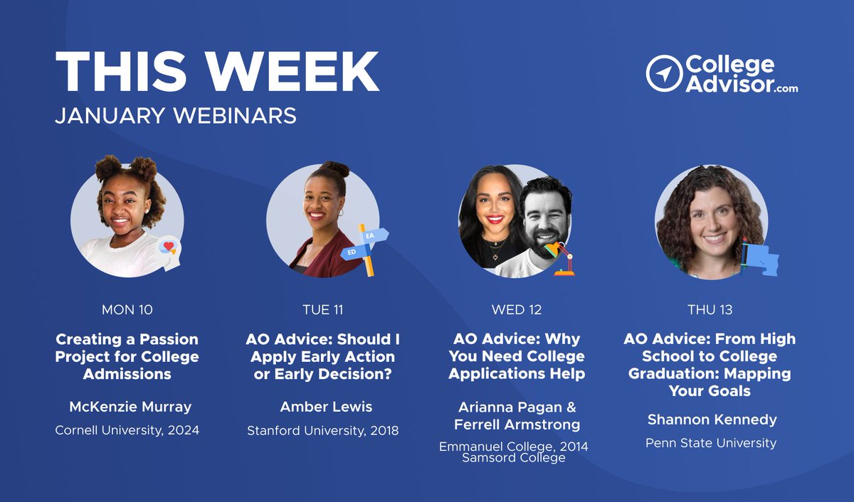 Join CollegeAdvisor this week for four webinars designed to help sophomores and juniors navigate get ahead in the college process. Register now: bit.ly/3K86Z5o
