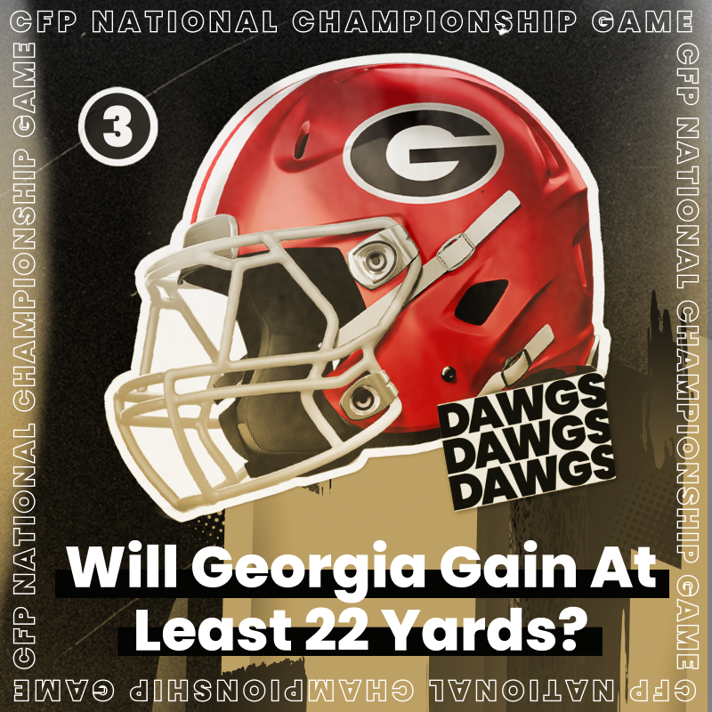 ActionNetworkHQ's tweet photo. You're just 22 yards away from winning $200 tonight. 👀

Seriously, if Georgia gains 22+ yards in the National Championship, it's yours! 🤑