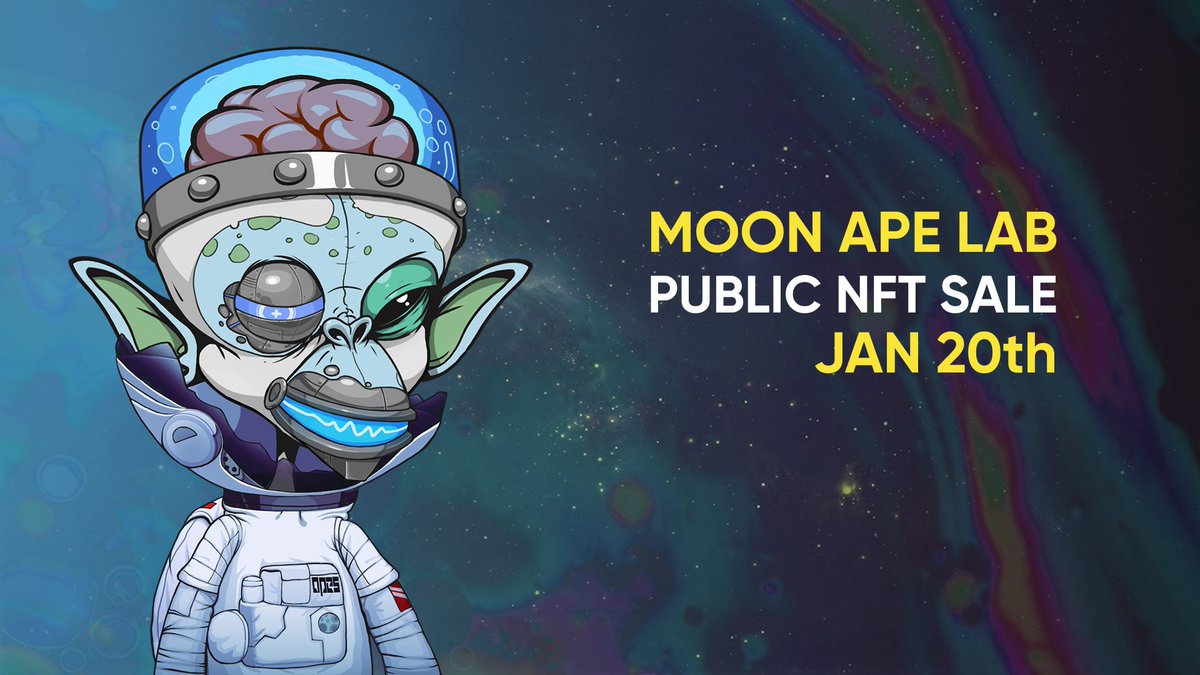 We are glad to announce that the Public NFT Sale is going to start on January 20th! 🚀🚀

👉There are 600 WL spots available! Start grinding now! 

Join our community for the latest updates: discord.gg/moonapelab

#MAL #NFT #NFTs #NFTCommunity #NFTdrop