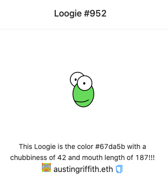 austingriffith's tweet image. 🙇 I just minted Optimistic Loogie #952, a real thin green boi with a big smile.

😎 It&apos;s cool because it&apos;s a forkable on-chain SVG NFT running on Ethereum L2...

🧐 But there is more here...
