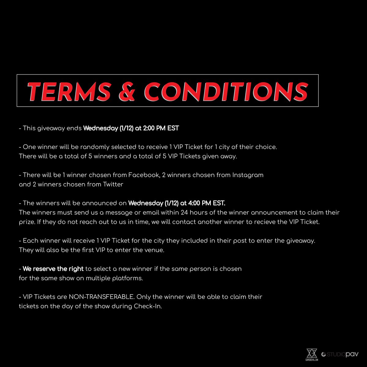 studio_pav's tweet photo. ‼️GIVEAWAY ALERT‼️

Enter for a chance to win a ✨VIP Ticket✨ for ⛓️2022 GROOVL1N US TOUR⛓️

Please read the Terms &amp; Conditions and Giveaway Rules on each platform for a chance to win! 🎟️

Giveaway ends: Wed (1/12) at 2PM EST ⏰

#GROOVL1N #GROOVL1NUSTour https://t.co/yZul3EcrB9