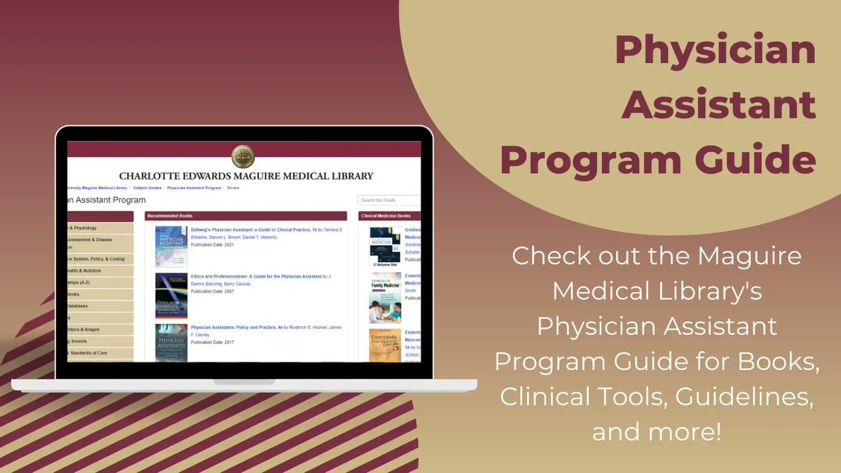 FSUMedLibrary's tweet image. Check out the #MaguireMedicalLibrary Physician Assistant Program Guide for Books, Clinical Tools, Guidelines, and more at: buff.ly/3q55AVe

#FSUMedLibrary #eResources #LibraryGuide #FSUCoM #MedFaculty #MedStudents #MedSchool #FSU #MedLibs #PhysicianAssistant