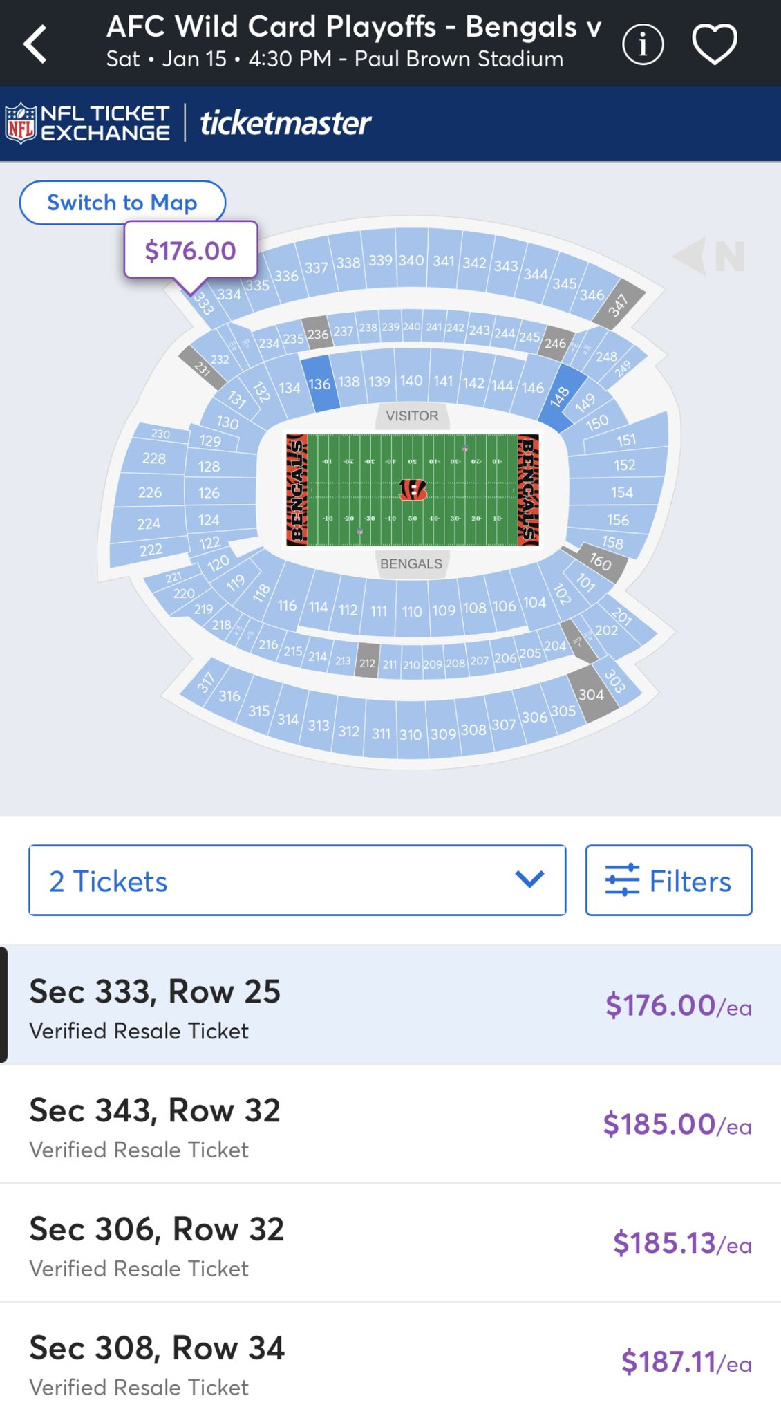 Mick Akers on Twitter: 'Cheapest tix for Saturday's Raiders/Bengals Wild  Card game in Cincinnati listed at $167 & $176 on StubHub and  TicketMaster (searching for 2). StubHub listing 3,220 available tickets.  #vegas #