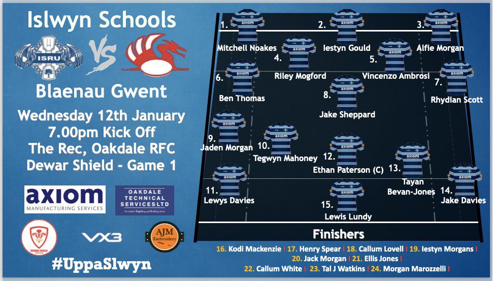 Team News | Dewar Shield Here’s our squad for the first game of this block as we take on @TeamBG15s Wednesday 12th January @OakdaleRFC 7pm KO. Players to meet at 6pm. Spectators with ‘Dewar Rugby’ wristbands will only be allowed entry. #IslwynRugby #UppaSlwyn