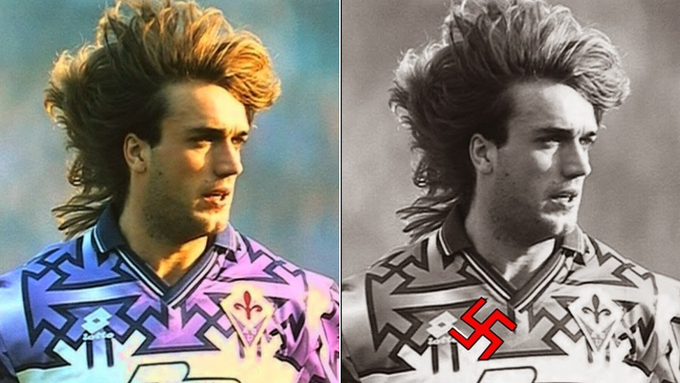 Lors de la saison 1992-1993, la Fiorentina joue avec des croix gammées sur son maillot extérieur conçu par l’équipementier italien Lotto. Face à la polémique, les dirigeants retirent ce maillot et les joueurs jouent le reste de la saison en blanc lors des matches à l’extérieur. https://t.co/AkpIUzBjWJ