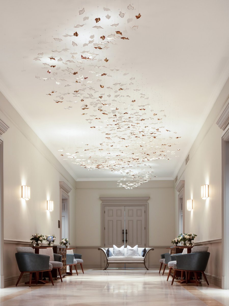 Ceilings are the 5th wall ✨ // The <a href="/fshampshire/">Four Seasons Hotel Hampshire</a> hotel designed by <a href="/rpwdesign/">RPW Design</a> featuring a custom Leaf Fall Composition by <a href="/haberdasheryltd/">Haberdashery Lighting</a>. For the custom installations, the leaves are delicately suspended either from minimal ceiling plates or from custom fixings as the project