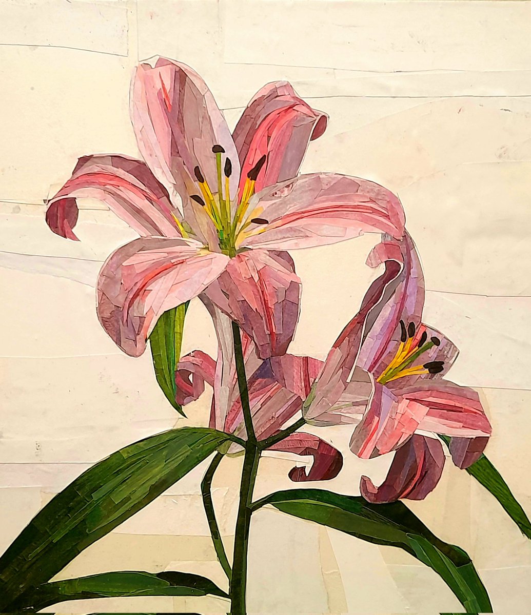 Pink Lilies. 50.5 x 45.5 cm. Collage on canvas. 2021. 
#contemporarycollage #collage #flowersart #flowerscollage #contemporaryart #stilllife #flowersstilllife #contemporarystilllife