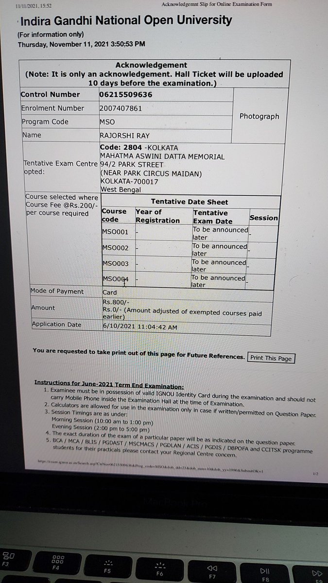 Rehan07's tweet photo. @IGNOUSHALA Hello here is the slip. I tried till 31st december, and couldn't complete the procedure. I wasn't allowed in the June session because of COVID. Only final years could sit for the exams. I really donot want to loose a year. Its already delayed with covid. Please help. https://t.co/nxFTC7CBfy