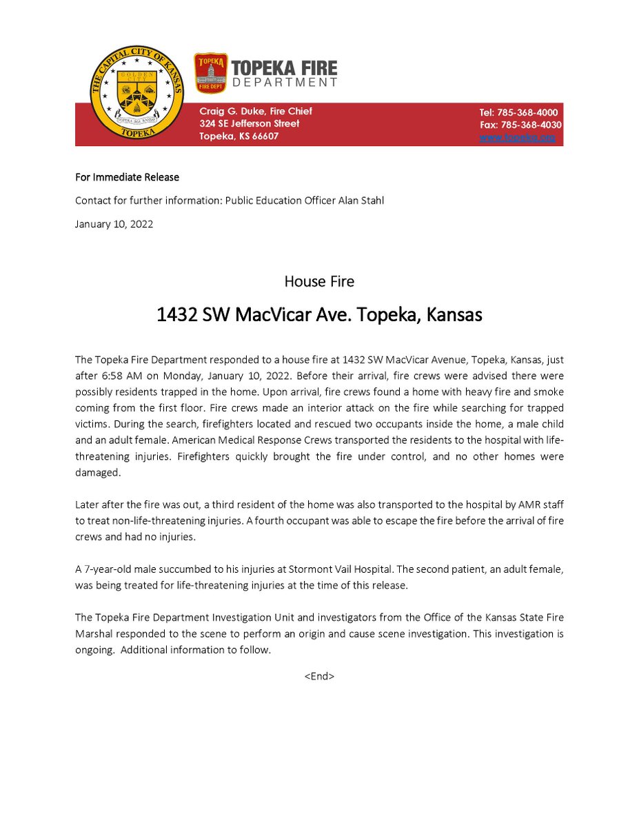 Topekafire's tweet photo. This morning, the house fire at 1432 SW MacVicar has claimed the life of a 7-year-old male resident. The investigation is ongoing. More information will be released at a later time. #topekafd https://t.co/1cY6TRn88P
