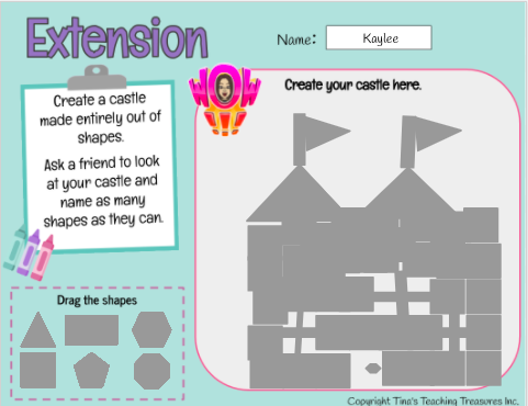 AnitaBaudoux's tweet photo. This morning we explored 2D shapes in our 
 Grade 1-2 classroom. We played a virtual "I Have, Who Has" game, looked at the attributes of 2D shapes, and designed castles, @StMaryOCSB. I love the creativity of their designs! #ocsbMath #ocsbVirtual https://t.co/MUoDFZiRkK
