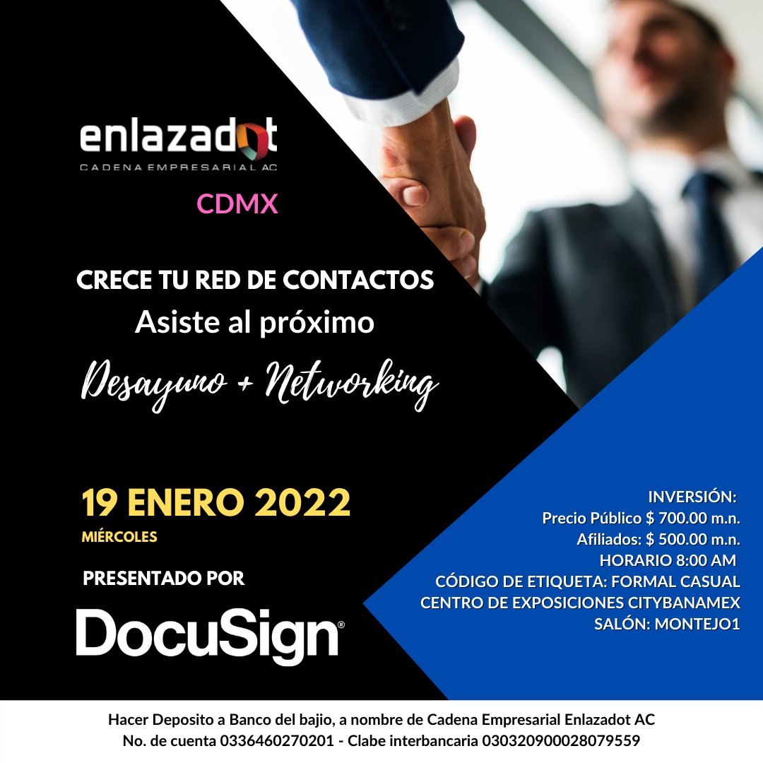 enlazadot's tweet image. Cohete Empresario te invitamos a que participes al próximo Desayuno Empresarial+Networking el día 19 de Enero a las 8:00 horas, en el Centro Citybanamex. Informes y confirmaciones al email marcela.fuentes@enlazadot.com, cupo limitado. ¡No faltes! Presentado por #Docusing