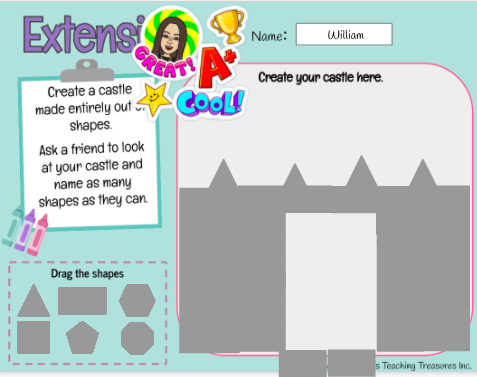 AnitaBaudoux's tweet photo. This morning we explored 2D shapes in our 
 Grade 1-2 classroom. We played a virtual "I Have, Who Has" game, looked at the attributes of 2D shapes, and designed castles, @StMaryOCSB. I love the creativity of their designs! #ocsbMath #ocsbVirtual https://t.co/MUoDFZiRkK