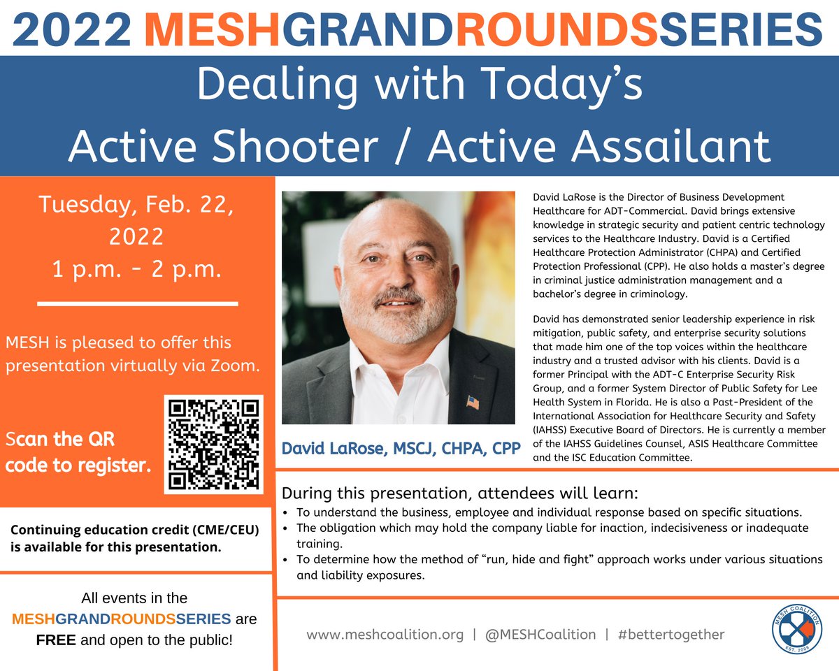 MESHCoalition's tweet photo. MESH is excited to announce David LaRose as our next #MESHGrandRoundsSeries presenter! Register now for this FREE virtual Grand Rounds on February 22, 2021 at 1:00 pm ET.  https://t.co/L5XXowu24l https://t.co/dCCVcz01Vx