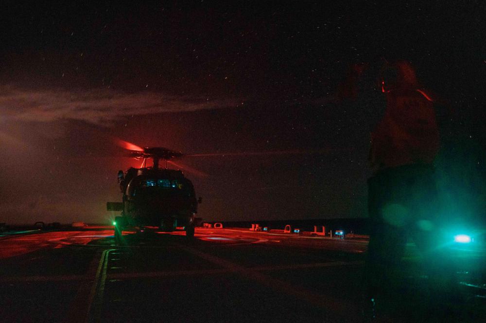 An MH-60S Sea Hawk helicopter from the #ShadowDet of Helicopter Sea Combat Squadron #HSC28, Detachment 7, takes off from the flight deck of the Freedom-variant littoral combat ship @USSBillings15 #LCS15. Billings is deployed to the @NAVSOUS4THFLT  area of operations.