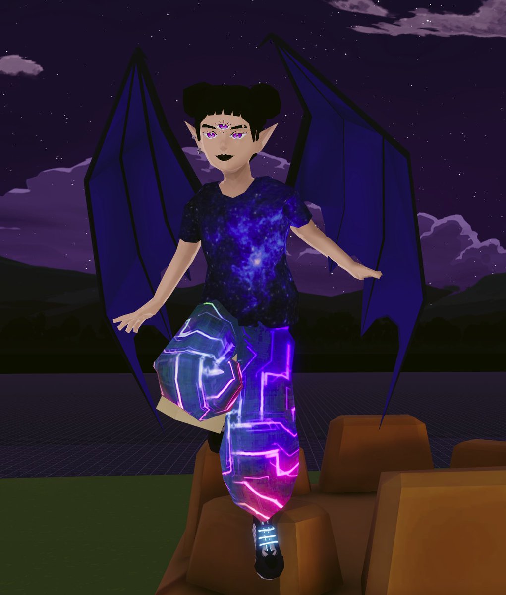 Freaking loving my look right now!!!!
🖤💜🖤💜🖤💜
I got me some Mystic Eyes by <a href="/michi_todd/">MichiTodd.eth</a>!
👁️👁️👁️
Also wearing Black Lipstick, Elf Ears, Gargoyle Wings, Eat Me, Drink Me Pants also by <a href="/michi_todd/">MichiTodd.eth</a> and Skull Sneakers! 
#Decentraland #wearables #digitalfashion #Metaverse   $MANA