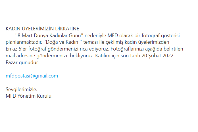 KADIN ÜYELERİMİZİN DİKKATİNE 
Sevgilerimizle.
MFD Yönetim Kurulu

#mfd #mersinfotografdernegi #8mart #dünyakadınlargünü