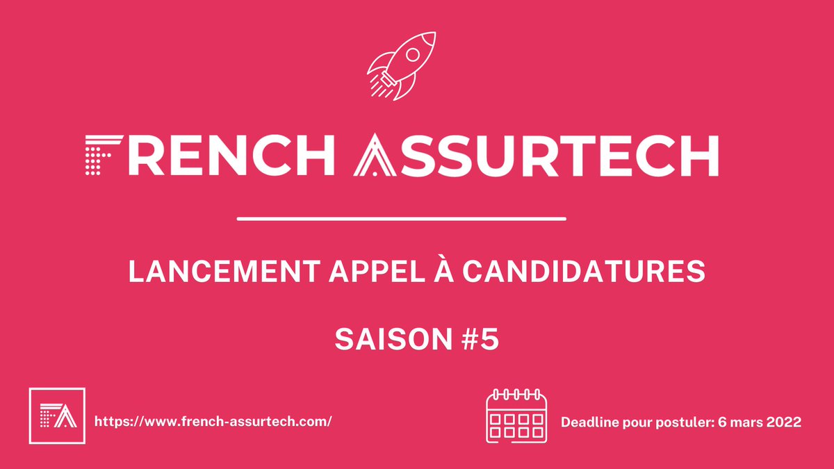 [STARTUPS] 🚨L'appel à candidatures de French  <a href="/AssurTech_FR/">French Assurtech</a>  saison #5 est maintenant ouvert🚨
Vous avez jusqu'au 6 mars pour postuler et avoir la chance de participer au programme ! 

👉 cutt.ly/PIqVVq1
 
#assurance  #mutuelle #assurtech #innovation  #startups
