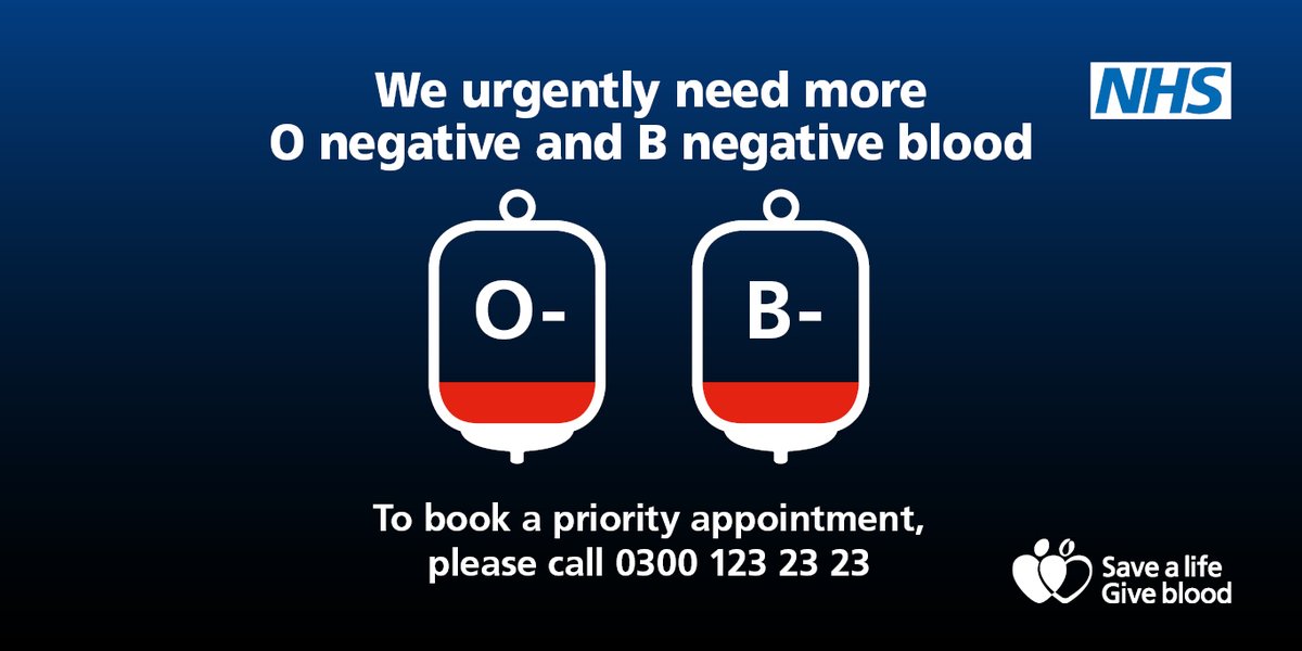 We urgently need more O negative and B negative donations. To book a priority appointment please call 0300 123 23 23. Each donation saves up to three lives. Thank you to all our donors for your continued life-saving support. #GiveBlood🩸