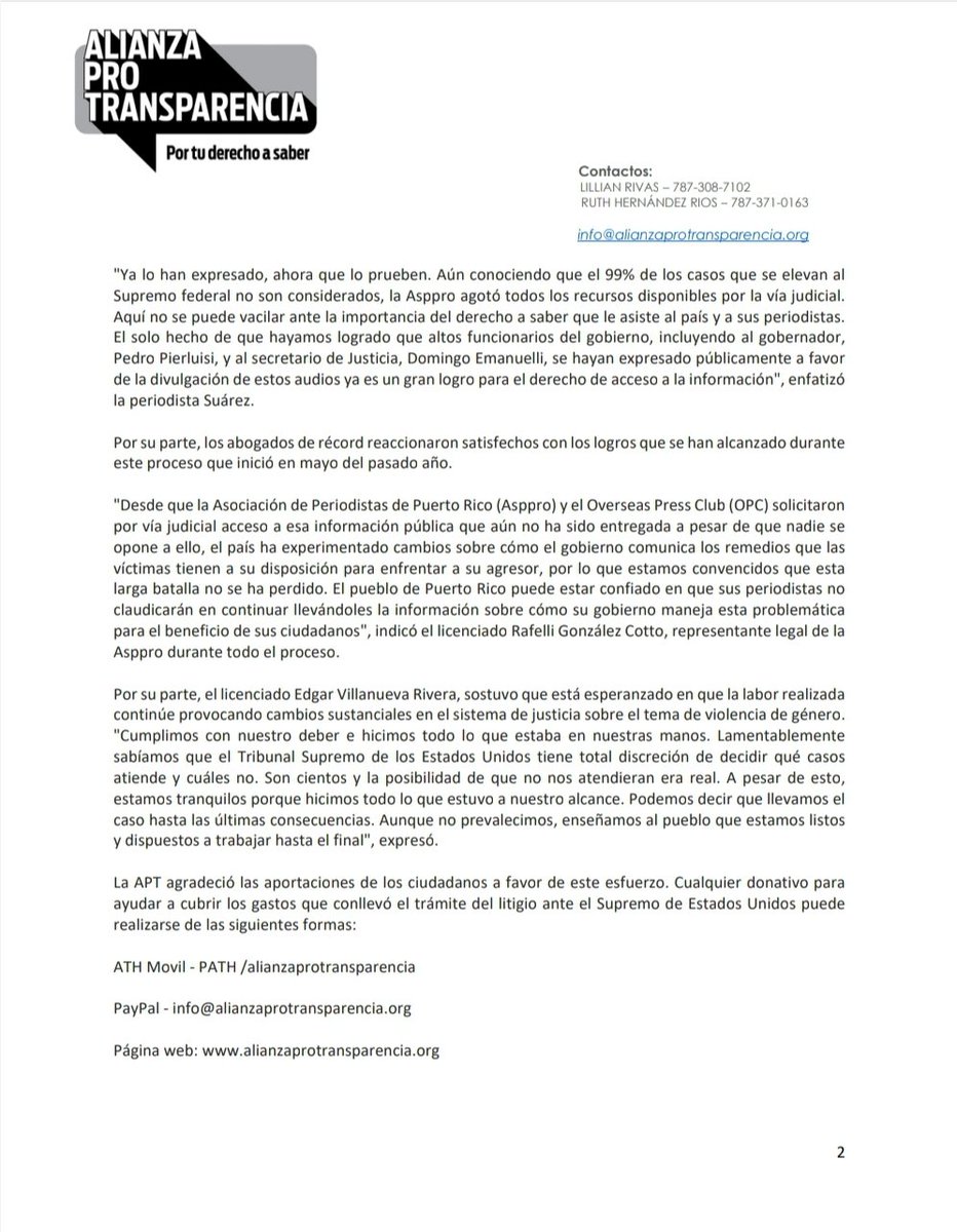 APTPuertoRico's tweet photo. 🗞 SOBRE DECISIÓN DEL SUPREMO FEDERAL

Luego de que el Tribunal Supremo de Estados Unidos determinara no revisar decisión del Supremo de Puerto Rico,   @APTPuertoRico emplaza a la @CamaraConPR y @SenadoPR para que por vía de ley garantice el derecho a saber de todas y todos en 🇵🇷 https://t.co/xHollCvKFD