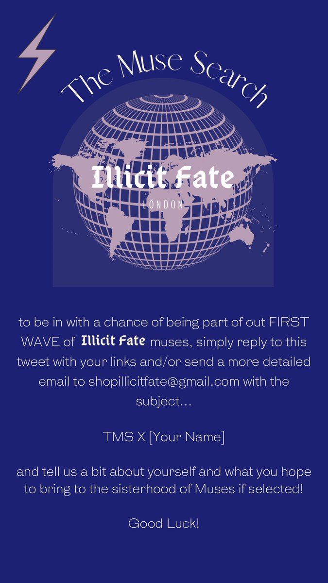 illicit_fate's tweet photo. Happy New Year Muses! ⚡️

so we’re kicking off 2022 with a bang and launching our first ever #IllicitFate Muse Search 💎

we’re looking for 12 Muses to our art this year &amp; are eager to hear from YOU! 

see pics for more…
Good luck Muses! 💫

[https://t.co/qtv5hHP5oy] #IFTMS 💜⚡️ https://t.co/tAqsiV9pv1