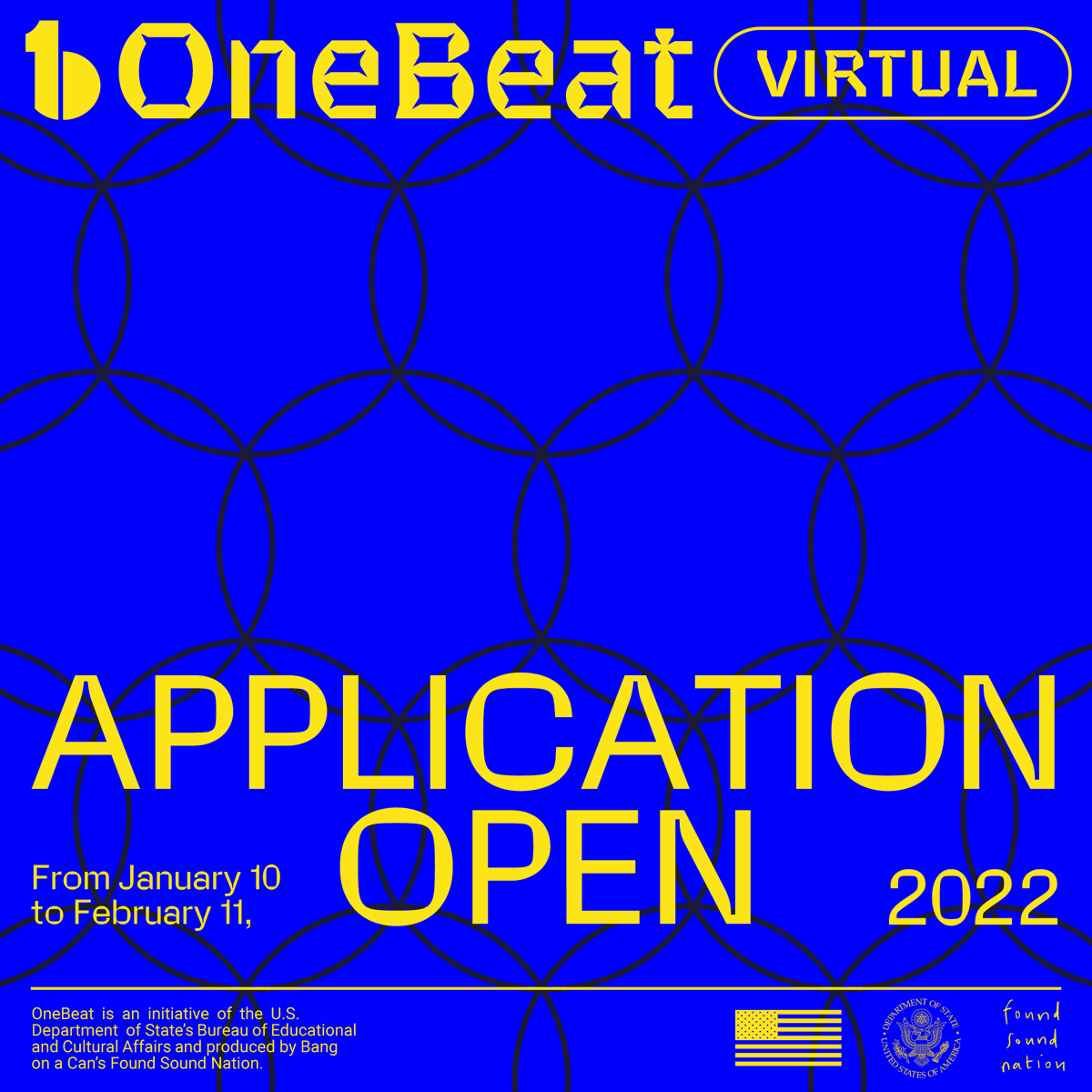 We are now accepting applications for OneBeat Virtual 2022, which will digitally convene approximately 35 musicians from up to 50 eligible countries and territories.💫

More info &amp; application here: onebeatvirtual2022.fsn-apply.org

<a href="/ECAatState/">Educational & Cultural Affairs—U.S. Dept. of State</a> #1beatmusic <a href="/foundsoundnat/">Found Sound Nation</a>