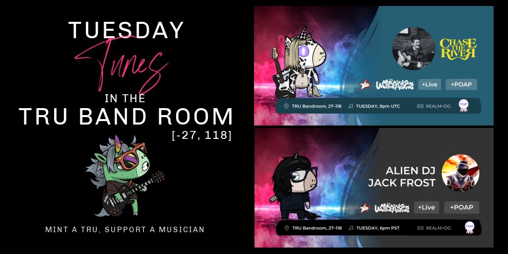 A TRU TUES in <a href="/decentraland/">Decentraland</a>!🤘

<a href="/chasetheriver/">Chase the River</a> at 9pm UTC/4pm EST: events.decentraland.org/event/?id=2c25… 

<a href="/NftFrost/">jackfrost_aLIΞN DJ 👽</a> at 6pm PST/9pm EST: events.decentraland.org/event/?id=7d8e…