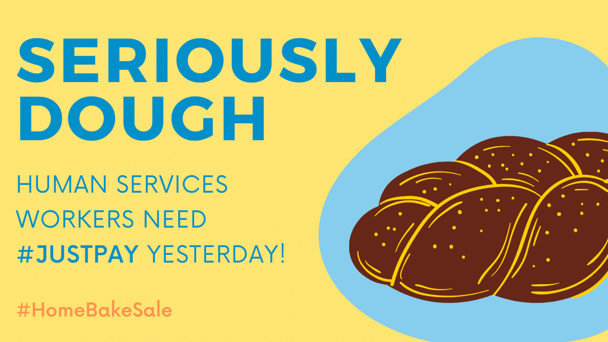 NonprofitsNY's tweet photo. Seriously DOUGH – we need #JustPay YESTERDAY! Comprehensive wage reform starts with the COLA that @GovKathyHochul is including in the budget. We hope all the other State electeds will join us in celebrating the COLA finally being in the budget! #HomeBakeSale https://t.co/rAXlIqXkvV
