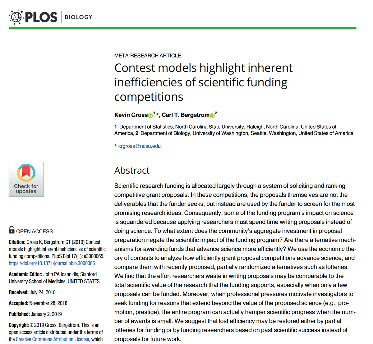 This paper uses a model to argue scientific grants lead to massive wasted effort. Very competitive grants can actually waste more scientific value than they create! Their model shows lotteries with random grants to those above a threshold would be better. journals.plos.org/plosbiology/ar…