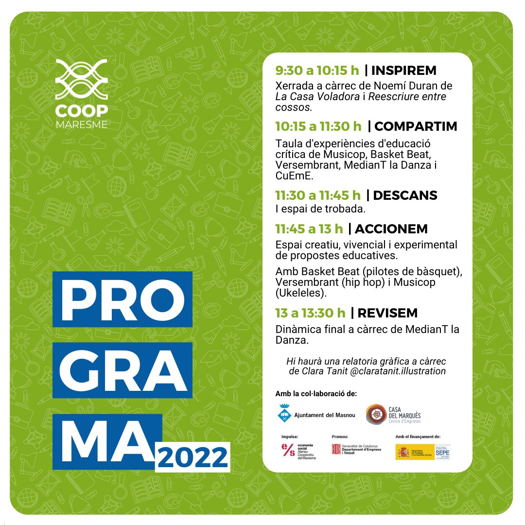 🙋‍♀️ Professorat! Us esperem el 29 de gener al #Masnou

💭 Com podem treballar els valors del #cooperativisme a través de l’educació?

📌 Taula d’experiències, tallers experimentals… no t’ho pensis!

🔗 Ves a coopmaresme.cat/agenda i inscriu-te de manera gratuïta