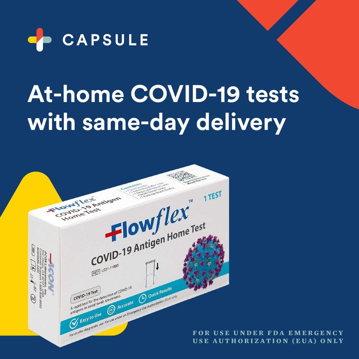 Hello, Dear. You can now get at-home COVID-19 tests delivered to your door, the same day. Accurate results in 15 minutes. Sign up to shop here: capsule.app.link/Covid19Test